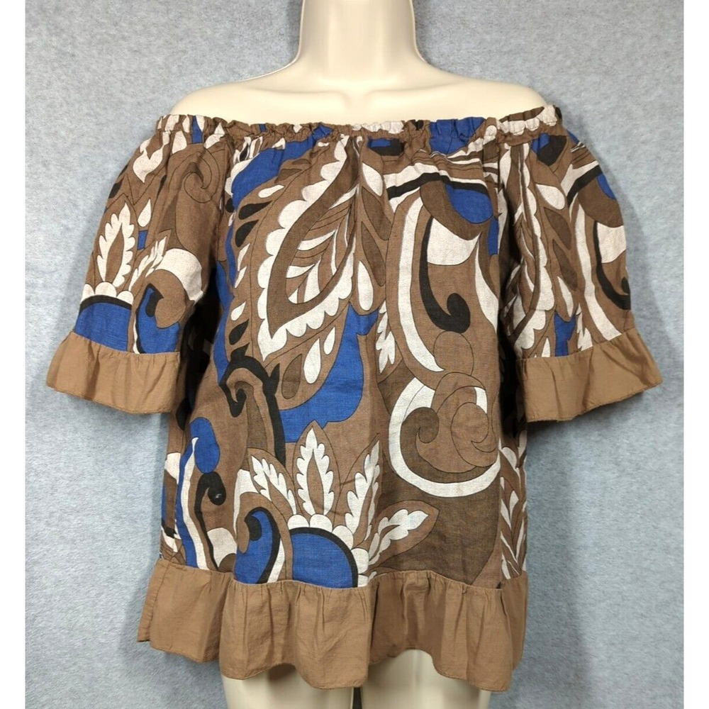 Terzo Millennio Linen Blouse Top S Italy Abstract Bottom Sleeve Ruffle Boho